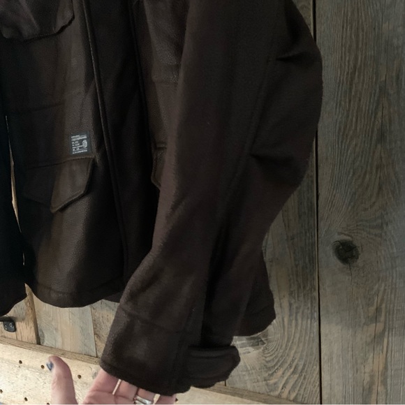 Women’s XL OBEY PROPAGANDA MILITARY SPEC Brown Leather Look Cargo Jacket Hood EC - Picture 6 of 16